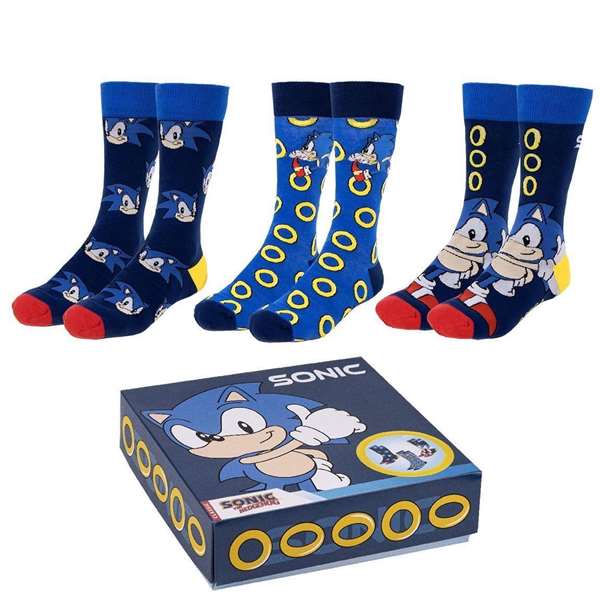 Cerdá Pack de 3 paires de chaussettes Sonic en boîte - Taille 40-46 (Réf: pack 3 piezas sonic en caja)