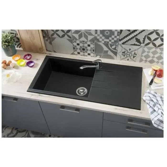 Stradour Evier à encastrer CUBE 1 bac, Noir Pailleté -06, dimensions 100x50 cm, vidage manuel, bonde 90 mm, finition SMC