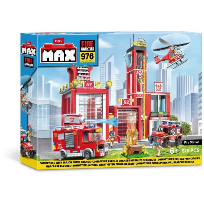ZURU - Set de Construction Caserne de Pompiers MAX Fire Station Large (976 Pièces) avec Véhicules et Accessoires