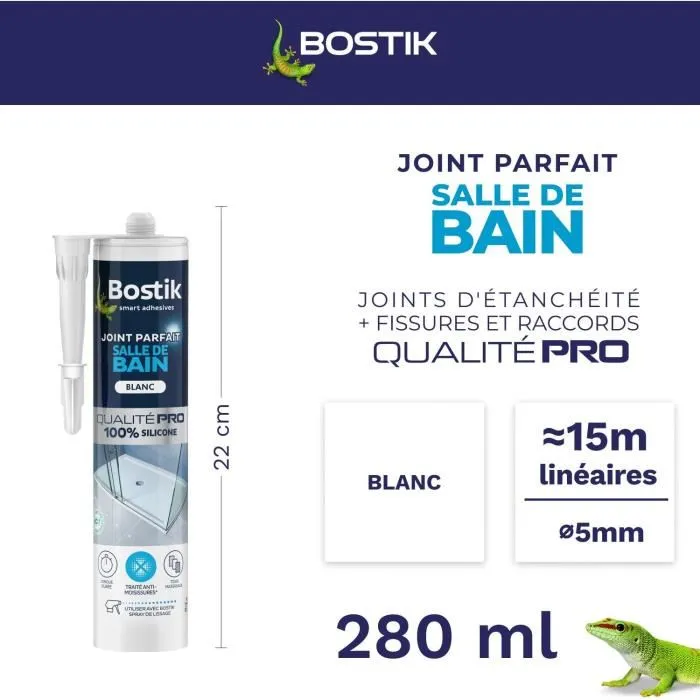 Bostik Joint Parfait - Mastic silicone haute qualité pour salle de bain, anti-moisissures, blanc, 280 ml - Pour joints de baignoire, douche, vasque, carrelage Bostik Joint Parfait - Mastic silicone haute qualité pour salle de bain, anti-moisissures, blanc, 280 ml - Pour joints de baignoire, douche, vasque, carrelage
