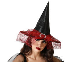 Chapeau de sorcière noir avec voile et ruban rouge toile d'araignée