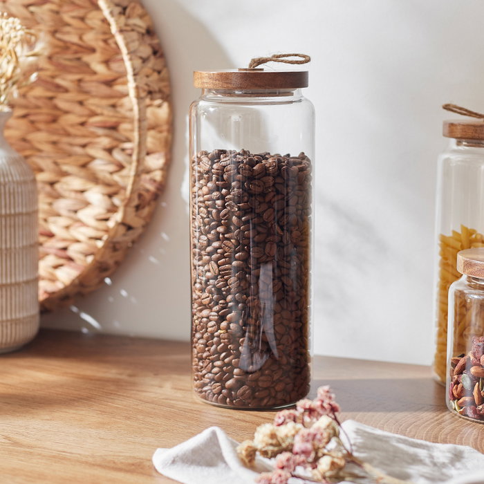 Home Deco Factory Bocal en verre borosilicate avec couvercle en acacia Home Deco Factory Bocal en verre borosilicate avec couvercle en acacia