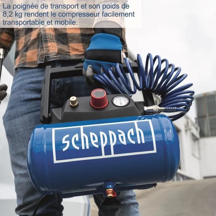 Scheppach Compresseur d'air 6 litres HC06, 1200 W, 8 bar max, livré avec set d'accessoires Scheppach Compresseur d'air 6 litres HC06, 1200 W, 8 bar max, livré avec set d'accessoires