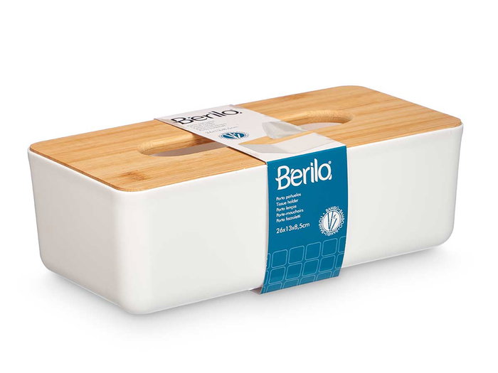 Berilo Porte-mouchoirs blanc avec couvercle en bambou 26cm Berilo Porte-mouchoirs blanc avec couvercle en bambou 26cm