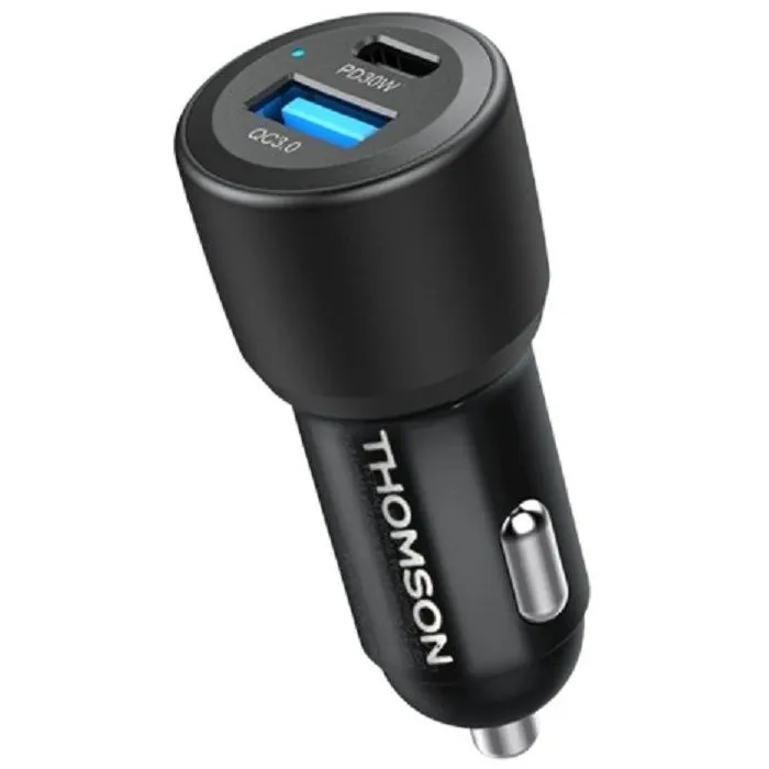 Thomson - Pack chargeur de voiture avec câble Lightning - Chargeur allume-cigare 12V/24V 60W et câble USB-A vers Lightning 3A 1.5 m - Haute performance, recharge rapide Thomson - Pack chargeur de voiture avec câble Lightning - Chargeur allume-cigare 12V/24V 60W et câble USB-A vers Lightning 3A 1.5 m - Haute performance, recharge rapide