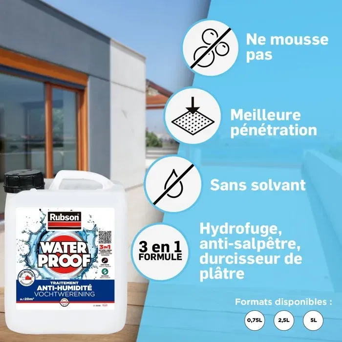 Rubson - Revêtement d'étanchéité pour Murs Intérieurs Humides, Traitement Hydrofuge Anti-Salpêtre Incolore - Bidon 2.5L