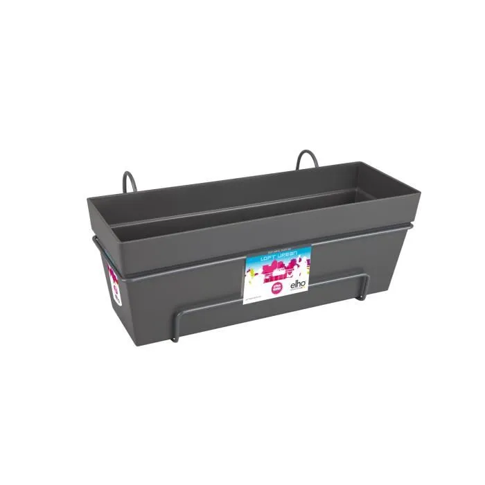 ELHO Balconnière Loft Urban Allin1 Noir 100% recyclée avec réserve d'eau et support, dimensions 49 * 27 * 21 cm, pour balcon et extérieur