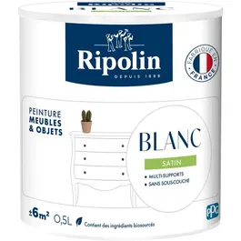 Ripolin - Peinture pour Meubles & Objets Blanc Satiné 0.5L - Relooking Intérieur et Extérieur Sans Sous-Couche