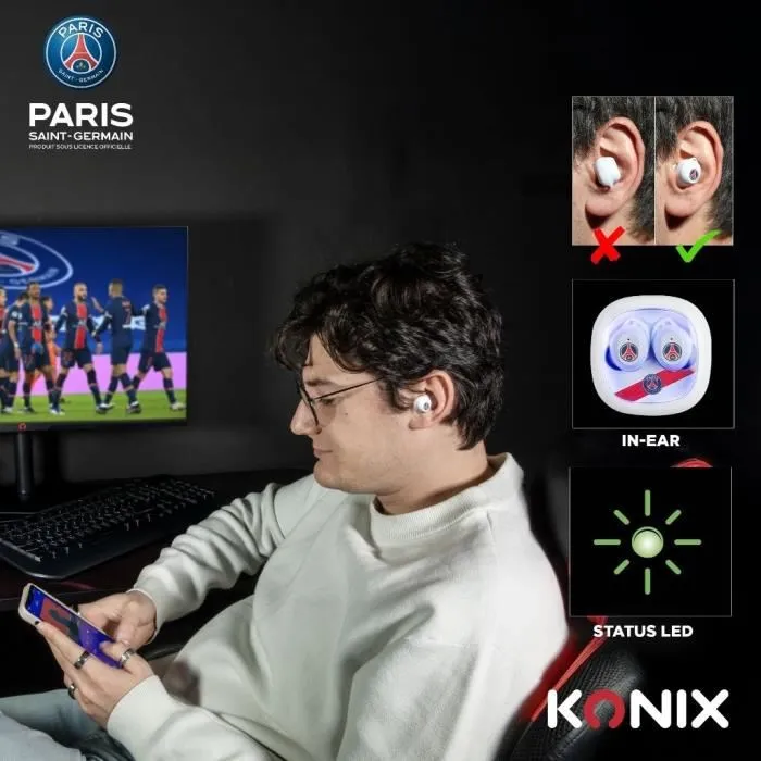 KONIX Écouteurs sans fil PSG, Bluetooth, Autonomie 8h + 15h (boîtier), Résistance à l'eau IPX4, Pour le sport - Blanc KONIX Écouteurs sans fil PSG, Bluetooth, Autonomie 8h + 15h (boîtier), Résistance à l'eau IPX4, Pour le sport - Blanc