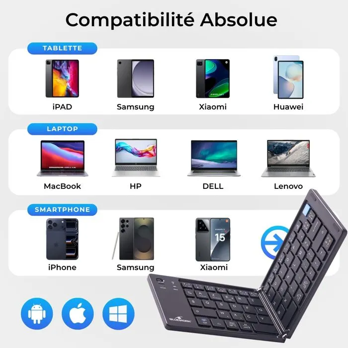Bluestork KB-MINI-FOLD/FR Clavier sans fil Bluetooth pliable AZERTY noir - Compatible PC, tablette, smartphone, TV - Touches ciseaux - Ultra portable