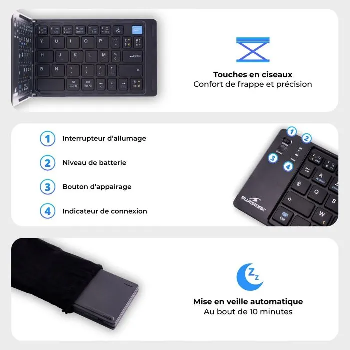 Bluestork KB-MINI-FOLD/FR Clavier sans fil Bluetooth pliable AZERTY noir - Compatible PC, tablette, smartphone, TV - Touches ciseaux - Ultra portable