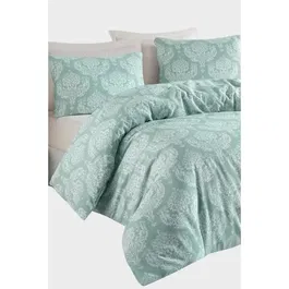 Parure de lit 1 housse de couette 220 x 240 cm + 2 taies d'oreiller 60 x 60 cm - 65% coton 35% polyester - Vert d'eau - King size