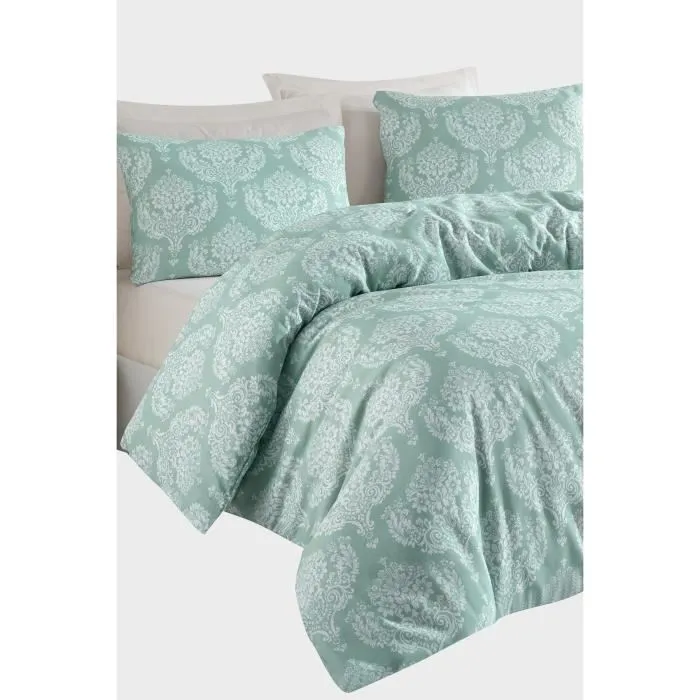 Parure de lit 1 housse de couette 220 x 240 cm + 2 taies d'oreiller 60 x 60 cm - 65% coton 35% polyester - Vert d'eau - King size