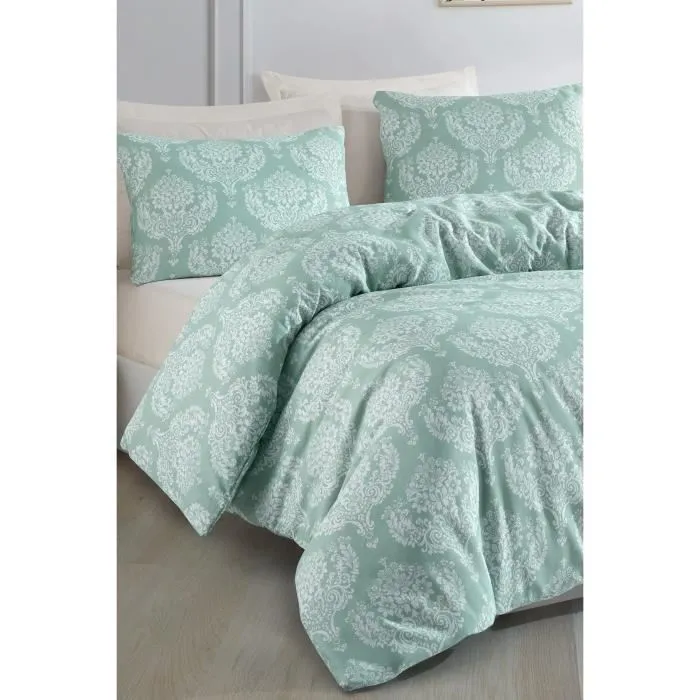 Parure de lit 1 housse de couette 220 x 240 cm + 2 taies d'oreiller 60 x 60 cm - 65% coton 35% polyester - Vert d'eau - King size