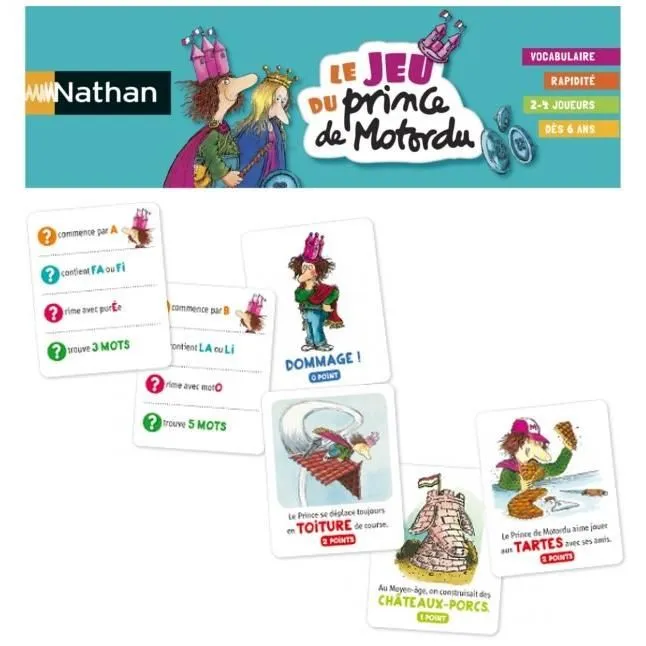 Nathan - Jeu de société Le Jeu du Prince de Motordu - Jeu de plateau à partir de 6 ans avec dés et cartes récompenses pour s'amuser avec les mots