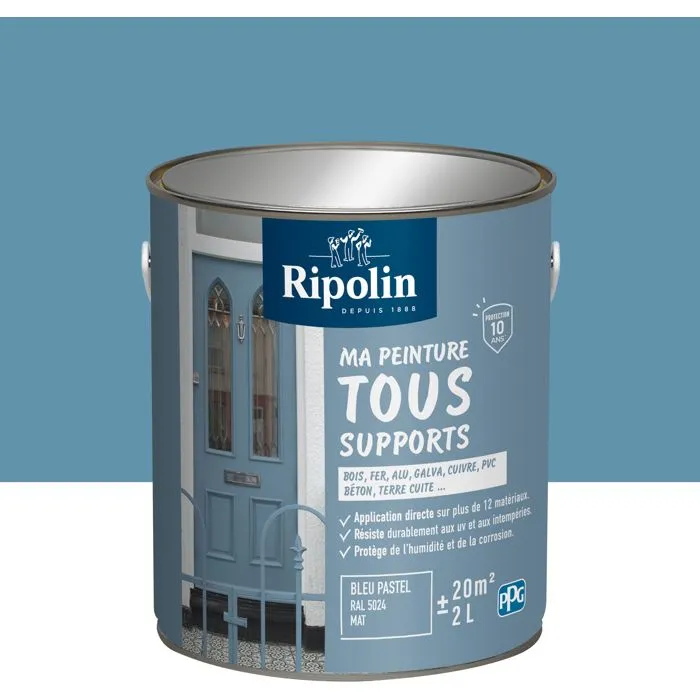 Ripolin Peinture multi-supports Mat, 2L, RAL 5024 Bleu pastel - Pour bois, métal, béton, PVC - Résistante aux intempéries, UV, humidité et corrosion