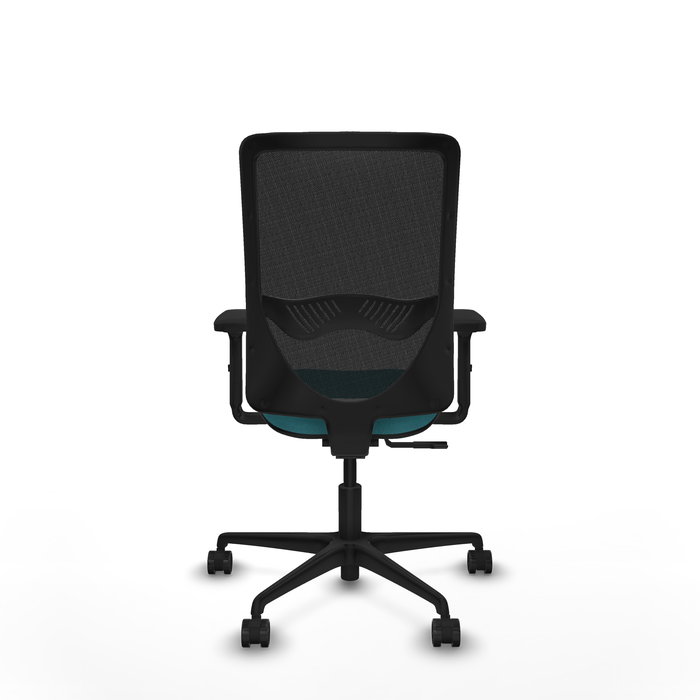 Chaise Zulema Synchro 3 positions tissu Turquoise Maille Noir Base en nylon noir Accoudoir 2D Sans appui-tête Roulettes 65mm nylon