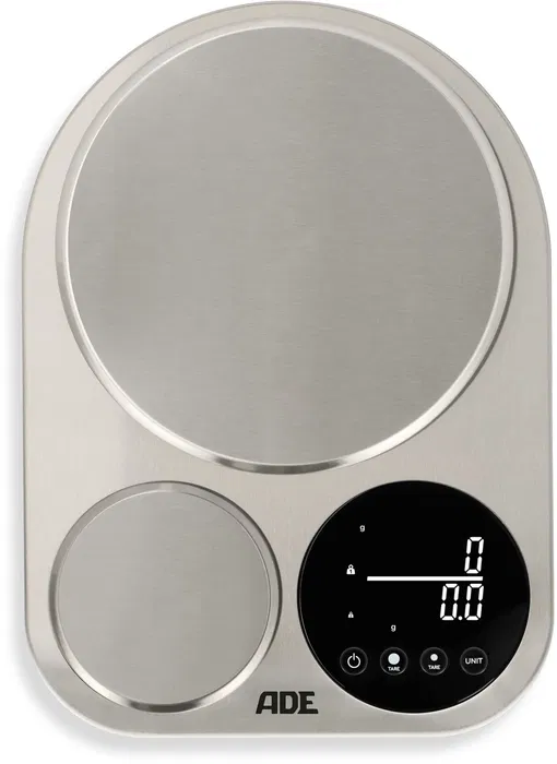 ADE Balance de cuisine numérique double plateforme Isabella - Acier inoxydable - Pèse de 0.1g à 5kg - 6 unités - Inclus piles ADE Balance de cuisine numérique double plateforme Isabella - Acier inoxydable - Pèse de 0.1g à 5kg - 6 unités - Inclus piles