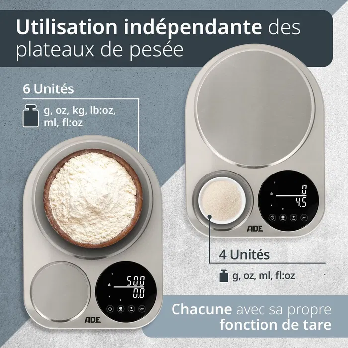 ADE Balance de cuisine numérique double plateforme Isabella - Acier inoxydable - Pèse de 0.1g à 5kg - 6 unités - Inclus piles ADE Balance de cuisine numérique double plateforme Isabella - Acier inoxydable - Pèse de 0.1g à 5kg - 6 unités - Inclus piles