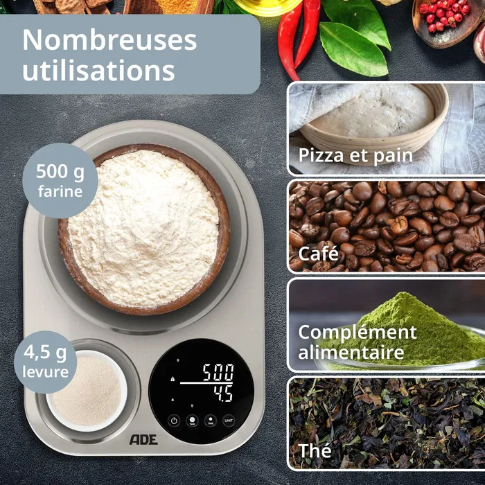 ADE Balance de cuisine numérique double plateforme Isabella - Acier inoxydable - Pèse de 0.1g à 5kg - 6 unités - Inclus piles ADE Balance de cuisine numérique double plateforme Isabella - Acier inoxydable - Pèse de 0.1g à 5kg - 6 unités - Inclus piles