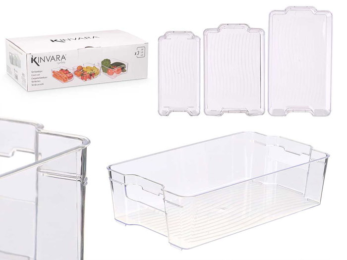 Kinvara Lot de 3 bacs de rangement transparents pour réfrigérateur 37x11x21 cm plastique (Set de 4) Kinvara Lot de 3 bacs de rangement transparents pour réfrigérateur 37x11x21 cm plastique (Set de 4)