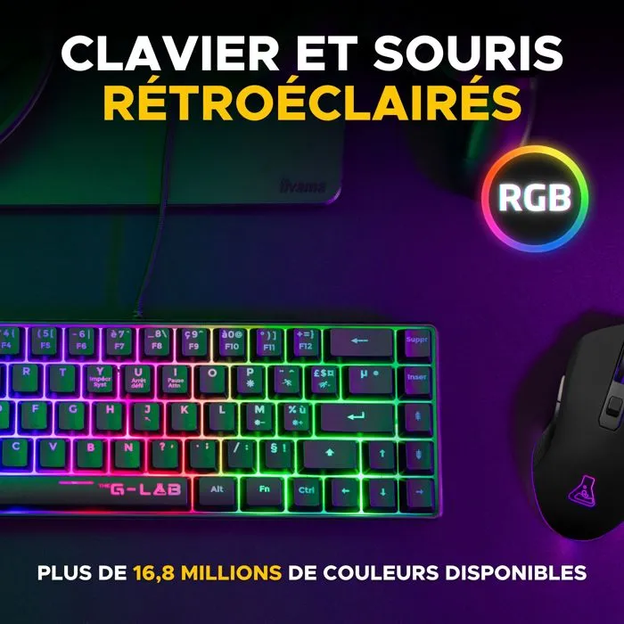 The G-Lab Combo Hydrogen BKG - Pack gamer clavier et souris filaires - Clavier 60% Azerty noir avec switches précis et souris 6400 DPI - pour gaming et bureau