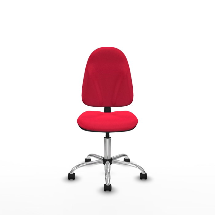 Chaise de bureau Algarra avec mécanisme Contact permanent de base, rembourrée de tissu rouge. Équipée d'une base chromée, sans accoudoirs et de roulettes en nylon de 50 mm Chaise de bureau Algarra avec mécanisme Contact permanent de base, rembourrée de tissu rouge. Équipée d'une base chromée, sans accoudoirs et de roulettes en nylon de 50 mm