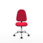 Chaise de bureau Algarra avec mécanisme Contact permanent de base, rembourrée de tissu rouge. Équipée d'une base chromée, sans accoudoirs et de roulettes en nylon de 50 mm