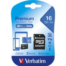 Verbatim Carte Mémoire MicroSDHC 16 Go Class 10 + Adaptateur SD