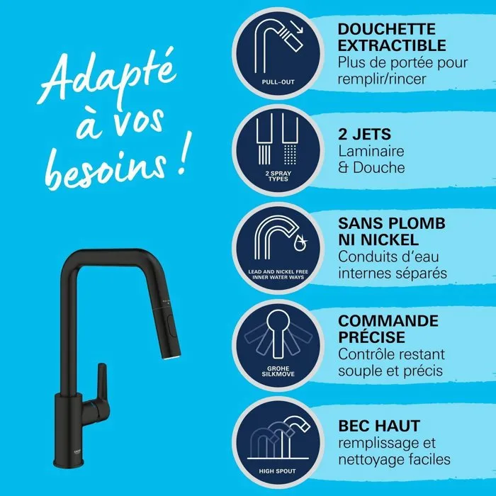 Grohe Robinet de cuisine avec douchette Start, bec haut, noir mat, 2 jets Grohe Robinet de cuisine avec douchette Start, bec haut, noir mat, 2 jets