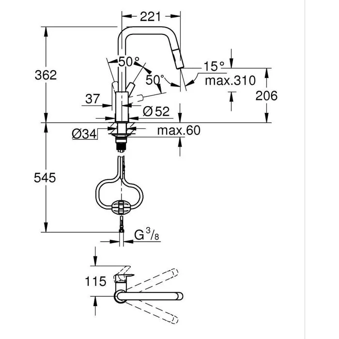 Grohe Robinet de cuisine avec douchette Start, bec haut, noir mat, 2 jets Grohe Robinet de cuisine avec douchette Start, bec haut, noir mat, 2 jets