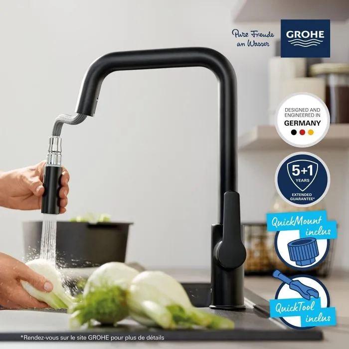Grohe Robinet de cuisine avec douchette Start, bec haut, noir mat, 2 jets Grohe Robinet de cuisine avec douchette Start, bec haut, noir mat, 2 jets