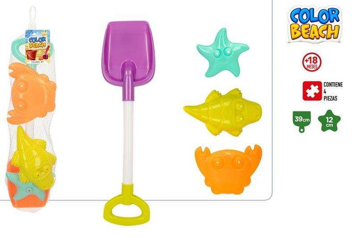 Color Baby - Pala de plage avec 3 moules en filet 39 cm - Modèles assortis Color Baby - Pala de plage avec 3 moules en filet 39 cm - Modèles assortis