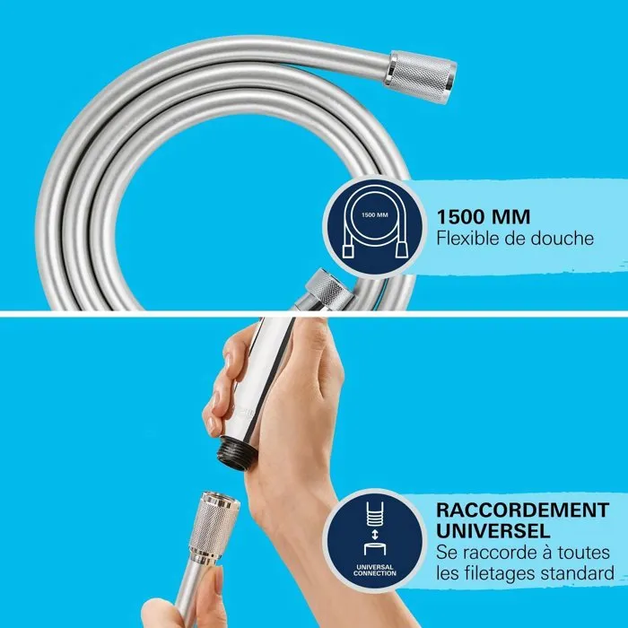 Grohe Flexible de douche VitalioFlex 27505001, 1,5 m, Anti-pliures Anti-torsion, Connexion universelle G 1/2", Chromé