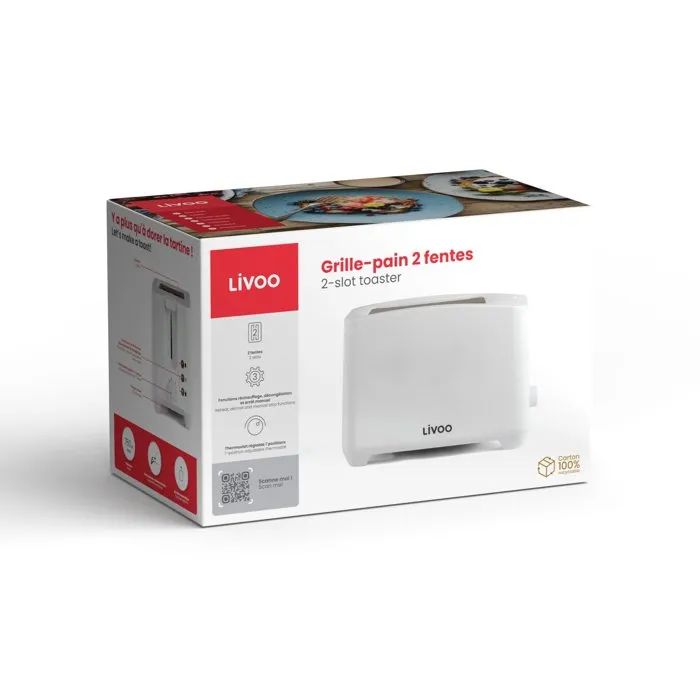 Livoo DOD162W Grille-pain 2 fentes 750 W Blanc avec thermostat réglable 7 niveaux, tiroir ramasse-miettes et fonctions LED