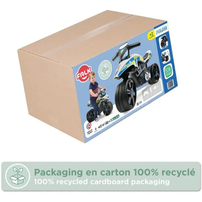 FALK Draisienne moto police - Porteur moto pour enfants 2-5 ans - Roues larges et guidon directionnel - Fabriqué en France - 40% plastique recyclé