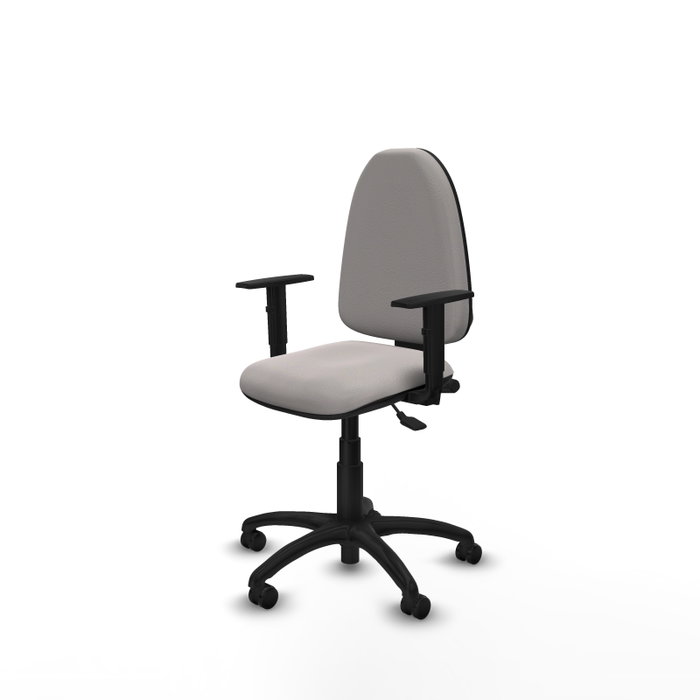 Chaise de bureau Aýna avec mécanisme Asincro, revêtement en simili cuir blanc. Équipée d'une base en polyamide noir, d'accoudoirs 1D et de roulettes pour parquet