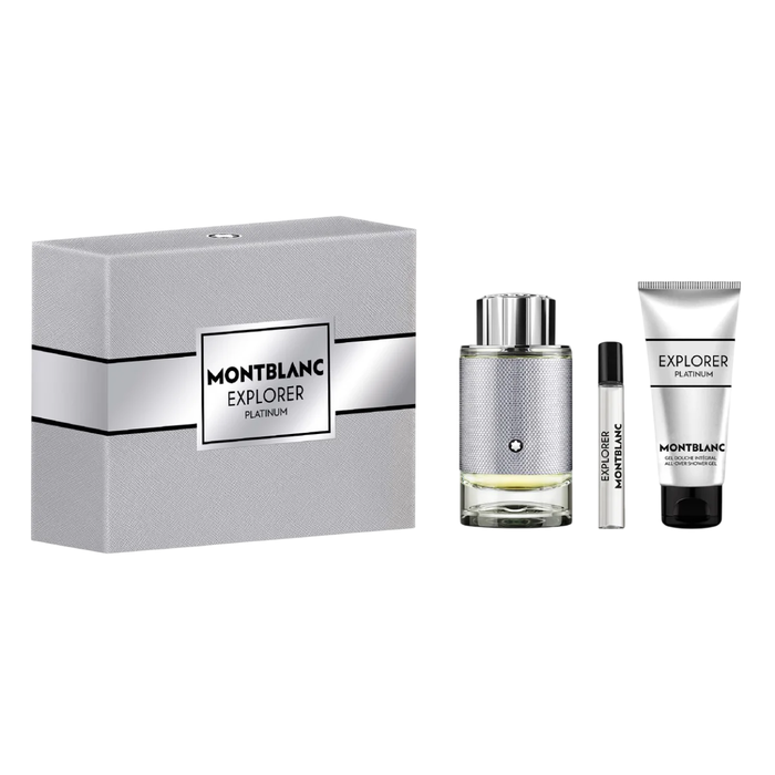Montblanc Coffret Cadeau Explorer Platinum pour Homme - Eau de Parfum 100 ml + Eau de Parfum 7.5 ml + Gel Douche Nettoyant 100 ml