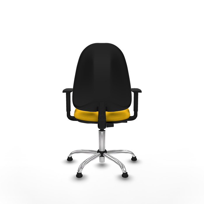 Chaise de bureau Algarra avec mécanisme de contact permanent de base, recouverte de tissu jaune. Équipée d'une base chromée, d'accoudoirs 1D et de butées