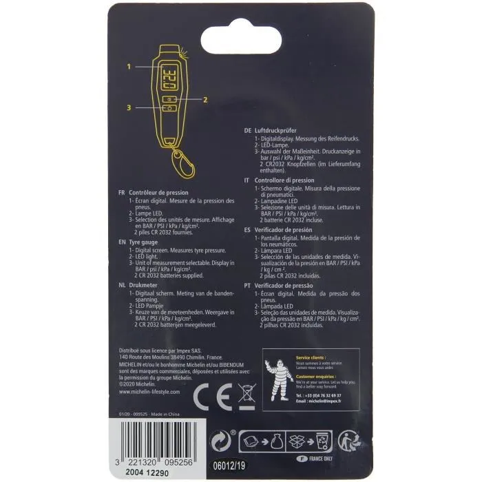 Michelin 9525 - Contrôleur de pression digital pour pneus 0.05-7 bars, écran LCD, éclairage torche, piles CR2032 incluses Michelin 9525 - Contrôleur de pression digital pour pneus 0.05-7 bars, écran LCD, éclairage torche, piles CR2032 incluses