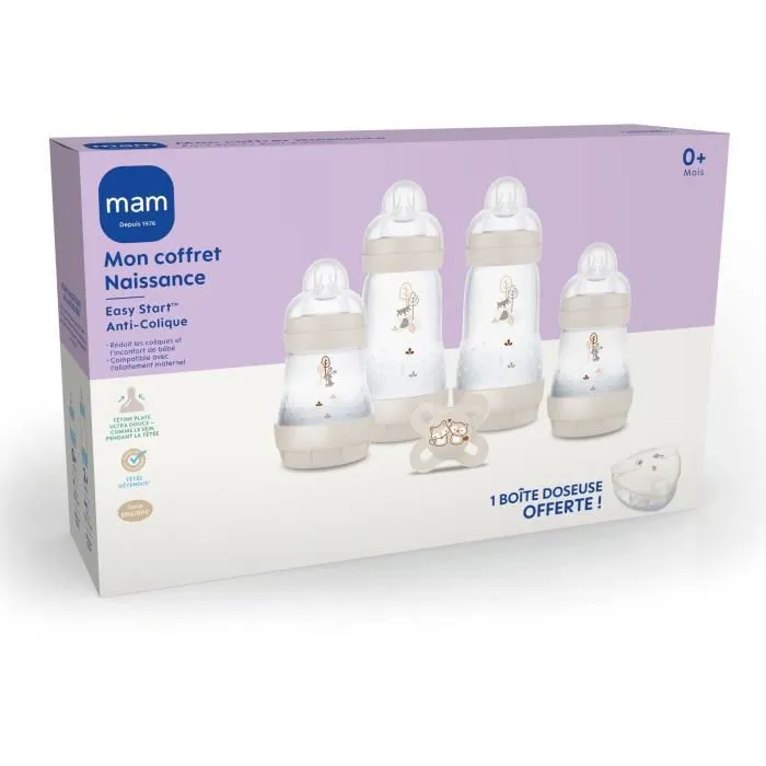 MAM - Coffret Naissance - 4 Biberons Anti-Colique Easy Start (160ml & 260ml), 1 Sucette, 1 Boîte Doseuse de Lait - Sable MAM - Coffret Naissance - 4 Biberons Anti-Colique Easy Start (160ml & 260ml), 1 Sucette, 1 Boîte Doseuse de Lait - Sable
