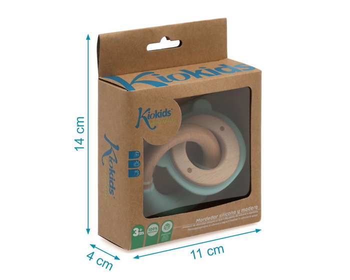 KioKids Mordedor Bébé en Bois de Hêtre et Silicone Verte Ours Jouet Dentition +3 Mois, Collection Ecofriendly