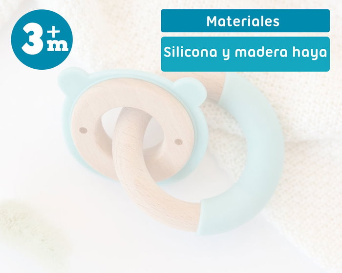 KioKids Mordedor Bébé en Bois de Hêtre et Silicone Verte Ours Jouet Dentition +3 Mois, Collection Ecofriendly