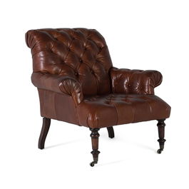 GINER Y COLOMER - Fauteuil en cuir véritable marron avec capitonnage, dossier haut et accoudoirs, pattes en bois et roulettes - 99x92x94 cm