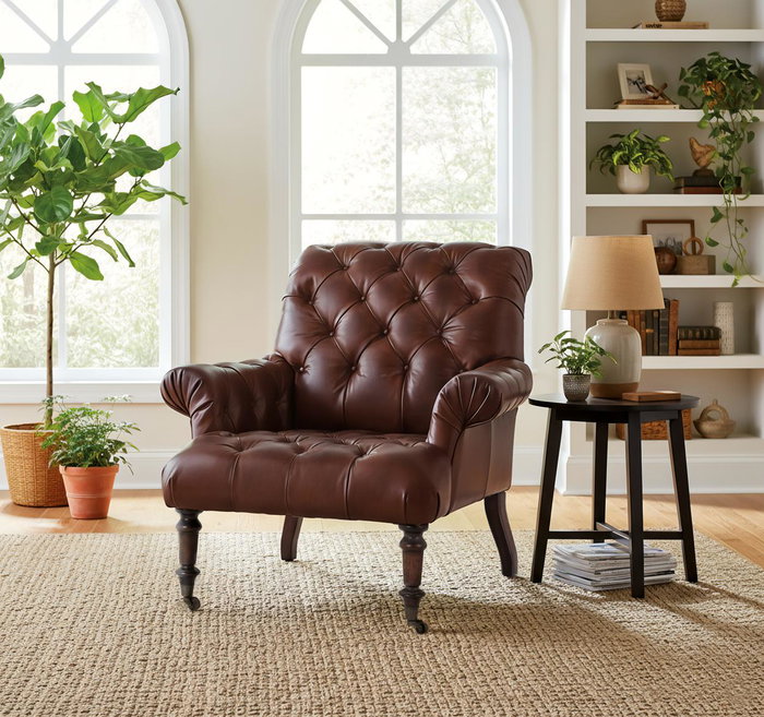 GINER Y COLOMER - Fauteuil en cuir véritable marron avec capitonnage, dossier haut et accoudoirs, pattes en bois et roulettes - 99x92x94 cm