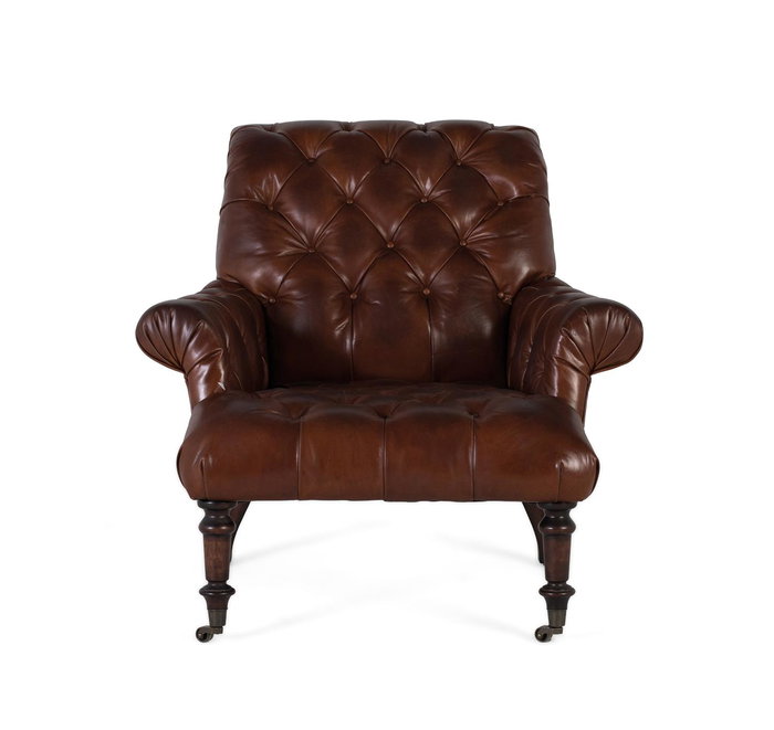 GINER Y COLOMER - Fauteuil en cuir véritable marron avec capitonnage, dossier haut et accoudoirs, pattes en bois et roulettes - 99x92x94 cm