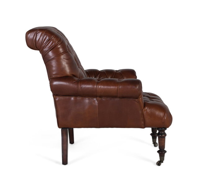 GINER Y COLOMER - Fauteuil en cuir véritable marron avec capitonnage, dossier haut et accoudoirs, pattes en bois et roulettes - 99x92x94 cm