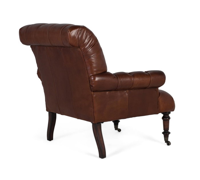 GINER Y COLOMER - Fauteuil en cuir véritable marron avec capitonnage, dossier haut et accoudoirs, pattes en bois et roulettes - 99x92x94 cm