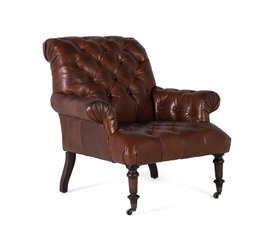 GINER Y COLOMER - Fauteuil en cuir véritable marron avec capitonnage, dossier haut et accoudoirs, pattes en bois et roulettes - 99x92x94 cm