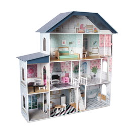 DEQUBE Maison de Poupées 4 Étages Premium en Bois avec 13 Accessoires et Meubles - Taille XL 130.3 x 36 x 134.5 cm - À partir de 3 Ans